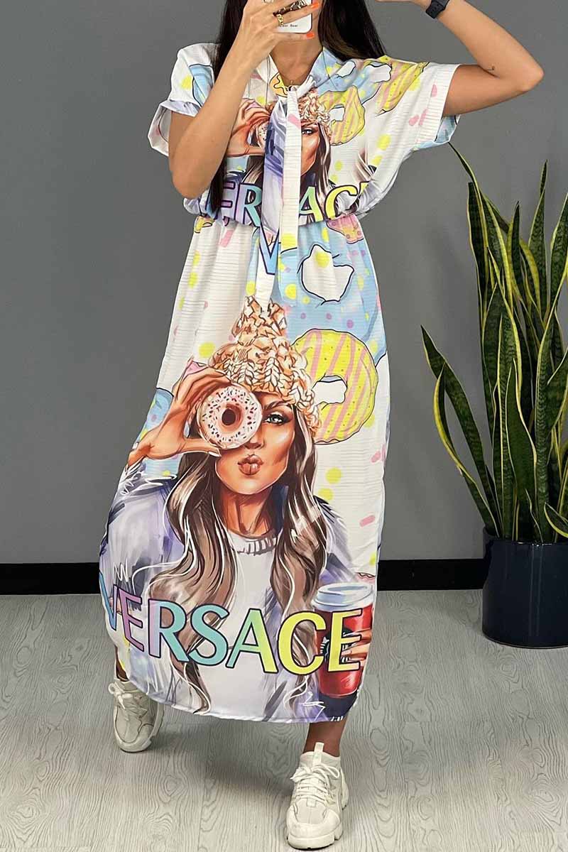 

White Casual Print Letter POLO collar A Line Dresses