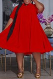 赤 カジュアル 無地 ベーシック ターンダウンカラー 半袖ドレス プラスサイズドレス