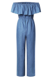 Donkerblauwe sexy effen ruches off-shoulder losse jumpsuits