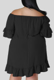 Negro casual sólido patchwork volante fuera del hombro recto vestidos de talla grande