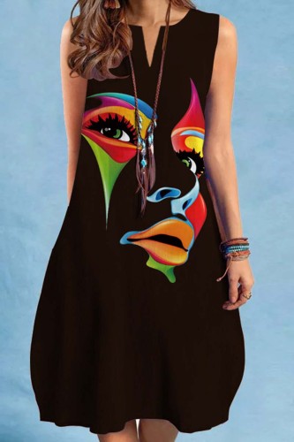 Black Casual Print Basic V Neck Sleeveless Dress Dresses