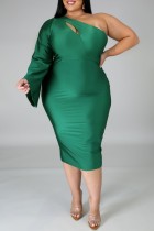 グリーン セクシー カジュアル ソリッド くり抜き バックレス 斜め襟 長袖 プラスサイズ ドレス