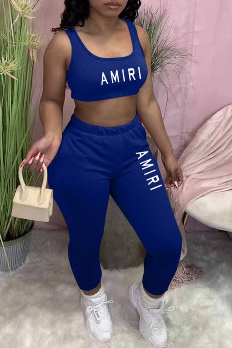 

Blue Street Print Letter U Neck Sleeveless Two Pieces