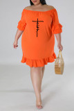 Tangerine Casual Print Patchwork Flounce Off the Shoulder Plus Size Dresses