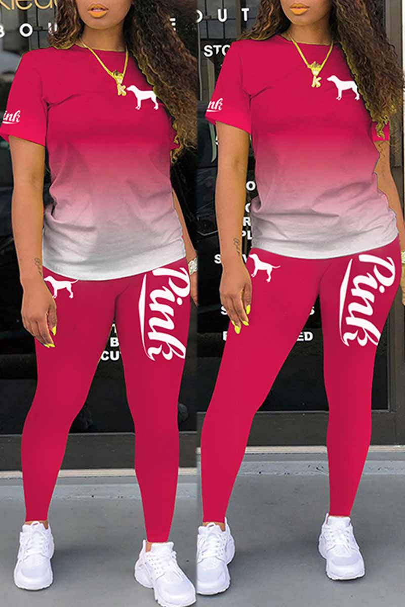 

Rose Red Sexy Print Letter O Neck Short Sleeve Two Pieces