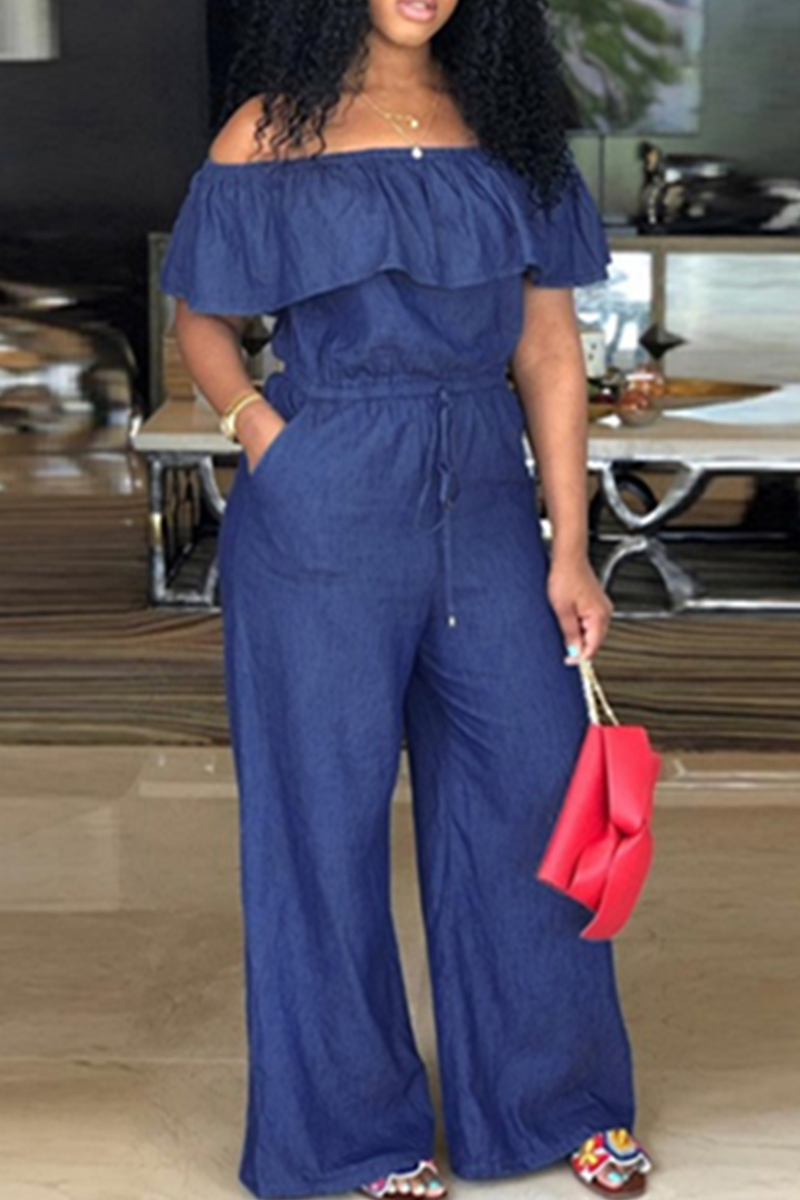 

Lake Blue Sexy Solid Flounce Off the Shoulder Loose Jumpsuits