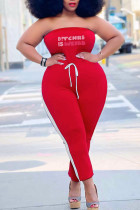 Röda sexiga print Patchwork Strapless Jumpsuits i plusstorlek