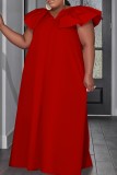 Red Casual Solid Basic V Neck One Step Skirt Plus Size Dresses