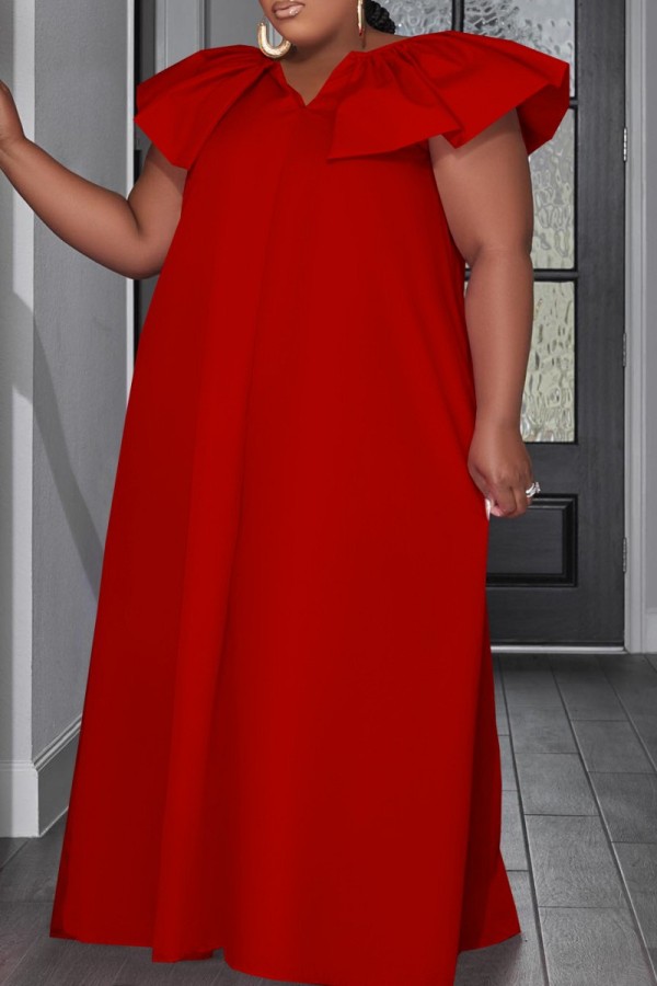 Красная повседневная однотонная базовая юбка с V-образным вырезом и одним шагом Платья больших размеров