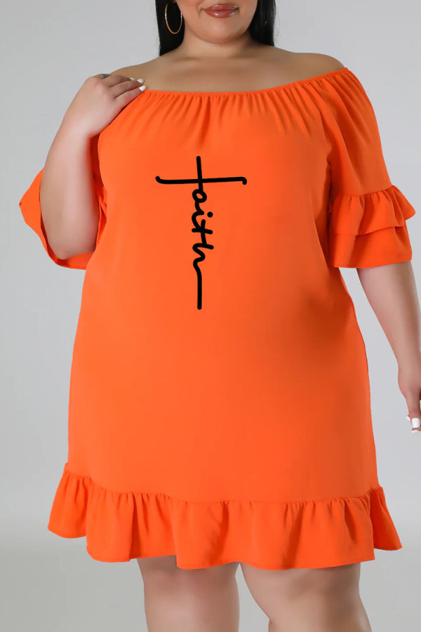 Tangerine Casual Print Patchwork Volant Off-shoulder Grote maten jurken