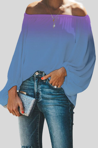 Purplish Blue Casual Gradual Change Print Patchwork Off the Shoulder Tops