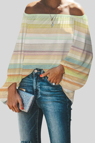 Stripe Casual Gradual Change Print Patchwork Off the Shoulder Tops