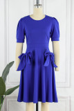 Royal Blue Casual Solid Patchwork With Bow O Neck A Line Dresses