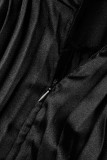 ブラック セクシー ソリッド パッチワーク バックレス フォールド V ネック ストレート ドレス
