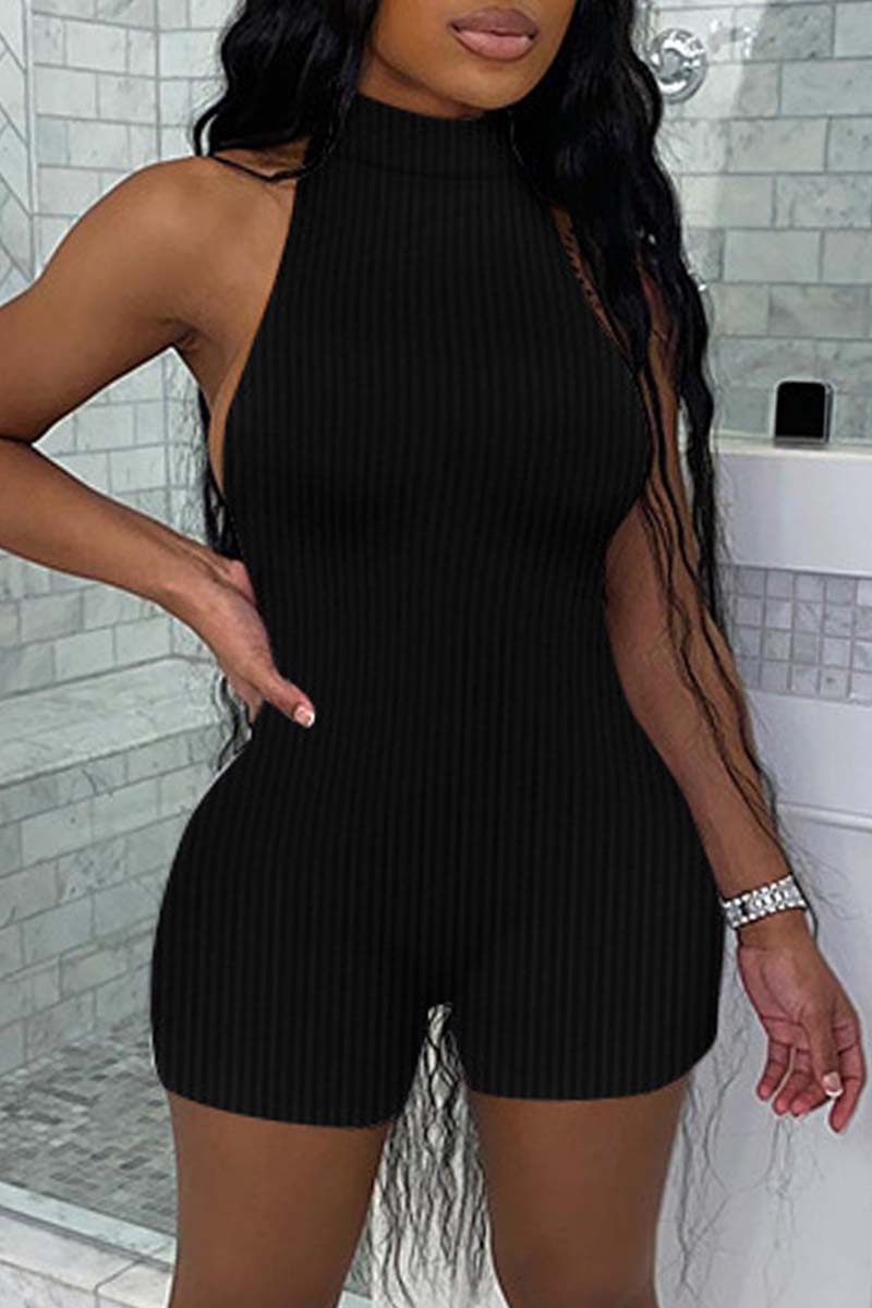 

Black Sexy Casual Solid Backless Halter Skinny Romper