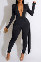 Black Sexy Solid Patchwork V Neck Skinny Jumpsuits