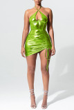 Vert Sexy Solide Patchwork Draw String Halter Crayon Jupe Robes