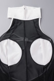 Zwarte sexy stevige patchwork doorzichtige backless halter bootcut jumpsuits