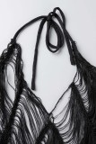 Traje de baño sexy sólido ahuecado vestido de playa con cuello en V transparente talla grande negro