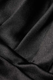 ブラック セクシー ソリッド パッチワーク バックレス フォールド V ネック ストレート ドレス