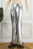 Silver Casual Solid Basic Skinny High Waist Conventional Solid Color Bottoms