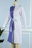 Robes droites décontractées à rayures imprimées bandage patchwork boucle col rabattu bleu
