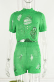 Зеленая повседневная однотонная рваная ажурная прозрачная водолазка с короткими рукавами из двух предметов