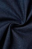 Giacca di jeans regolare senza maniche con collo rovesciato e fibbia patchwork tinta unita azzurra