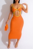 Oranje sexy effen uitgeholde rugloze spaghettibandjes lange jurkjurken