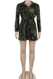 Camouflage Casual Camouflage Print Bandage Patchwork Buckle Turndown Collar Plus Size Soprabito