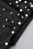 T-shirts décontractés noirs à col rond et perles solides