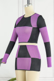 Purple Casual Patchwork Contrast O Neck Long Sleeve Two Pieces