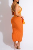 Oranje sexy effen uitgeholde rugloze spaghettibandjes lange jurkjurken
