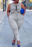 Grey Casual Print Basic O Neck Plus Size Two Pieces
