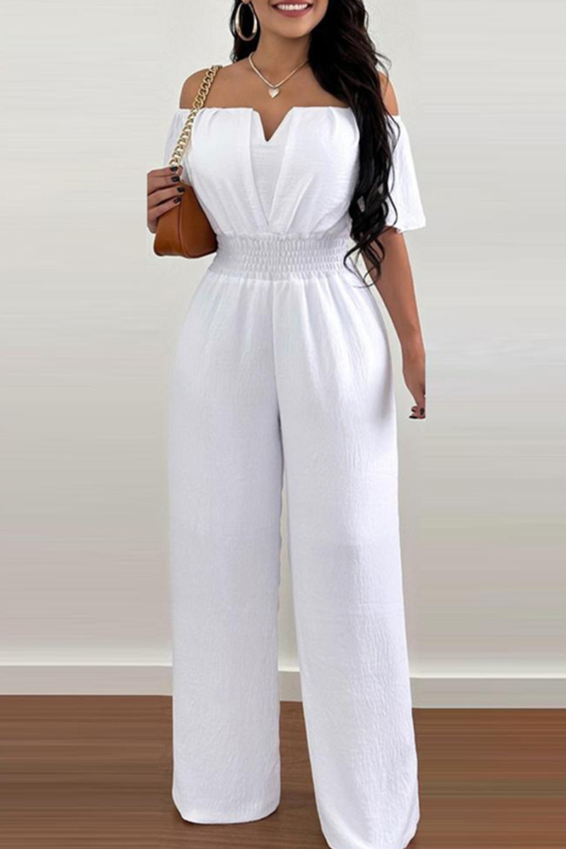 

White Casual Solid Patchwork Off the Shoulder Regular Jumpsuits