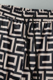 Black khaki Casual Print Patchwork Zipper Collar Short Sleeve Two Pieces