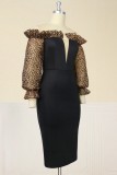 Robes noires sexy en patchwork léopard à épaules dénudées et manches longues