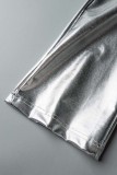 Plateado Casual Sólido Básico Flaco Cintura alta Convencional Color sólido Partes inferiores