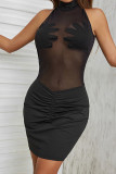 Vestidos de falda de lápiz con cuello en O transparente de patchwork sólido sexy negro