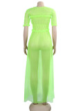 Fluoreszierendes Grün, sexy, solide, durchsichtige Patchwork-Kleider mit Falten und O-Ausschnitt