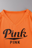 Orange Casual Letter Print V Neck Short Sleeve Two Pieces