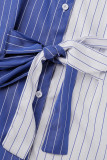 Bandagem listrada azul casual patchwork fivela gola redonda vestidos retos
