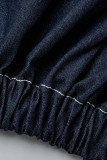 Deep Blue Street Solid Patchwork Spänne Turndown-krage Ärmlös vanlig jeansjacka