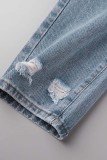 Blå Casual Solid Ripped High Waist Raight Denim Jeans