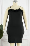 Schwarzes, sexy, lässiges, festes, rückenfreies Patchwork-Kleid mit quadratischem Kragen und Sling-Kleid in Übergröße
