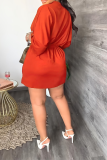 Vestidos de saia com decote em V na cintura vermelho tangerina sólido Street