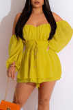 Yellow Elegant Solid Patchwork Off the Shoulder Straight Rompers