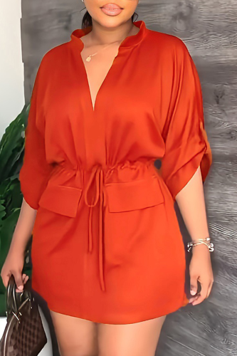 Tangerine Red Street Solid Draw String V Neck Waist Skirt Dresses