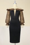 Zwart sexy luipaard patchwork off-shoulder jurken met lange mouwen