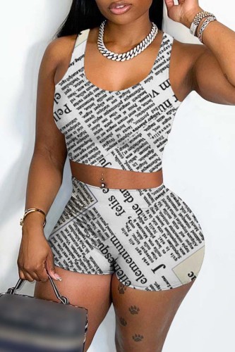 White Casual Print Basic U Neck Sleeveless Two Pieces